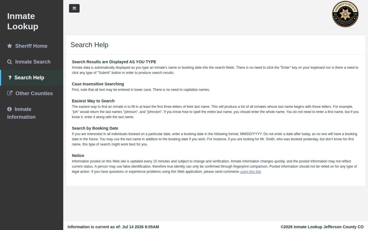 Jefferson County 24 hour release current custody lookup help