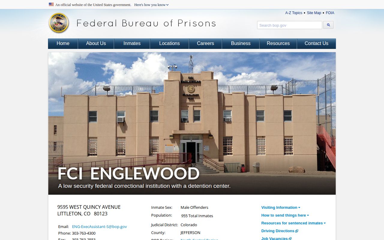 FCI Englewood federal release search facility page in Jefferson County