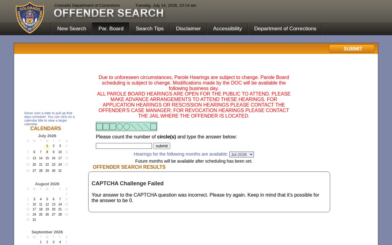 Jefferson County inmate release date CDOC parole calendar source